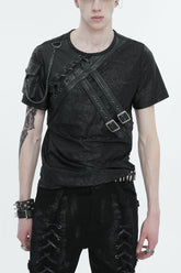 T-shirt punk pour homme en faux cuir avec impression vintage noire et boucle